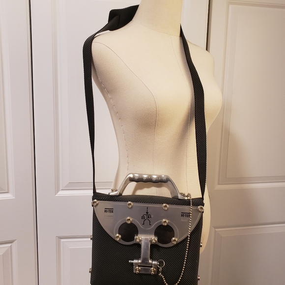 HI-tek Industrial cyber punk pareidolia black vegan rubber messenger unisex bag - Picture 9 of 10